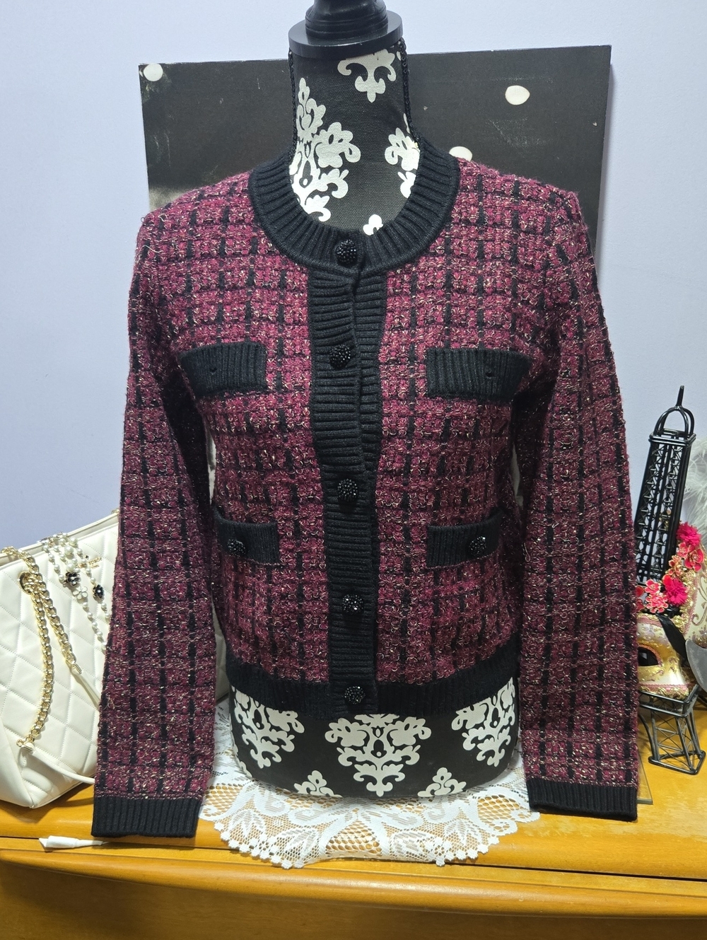 Karl Lagerfeld Burgundy and Black Tweed Cardigan